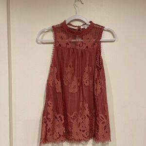 Taylor & Sage Lace Sleeveless Top XS Crochet Boho High Mock Neck Rust Rose Sheer